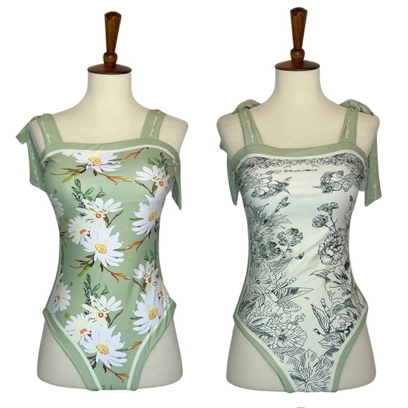Retro Pale Green and White Floral Reversible Swimsuit with Shoulder Ties - Picture 8 of 16